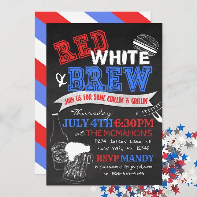 Convites de festas de quadro branco vermelho e alt (Red, White & Brew Chalkboard Invitation)