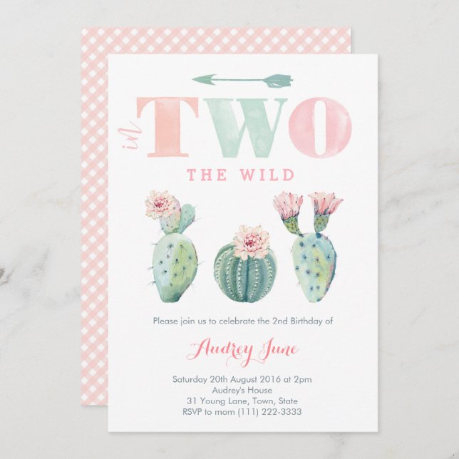 Convites de festas de segundo aniversário Cactus,  (Frente/Verso)