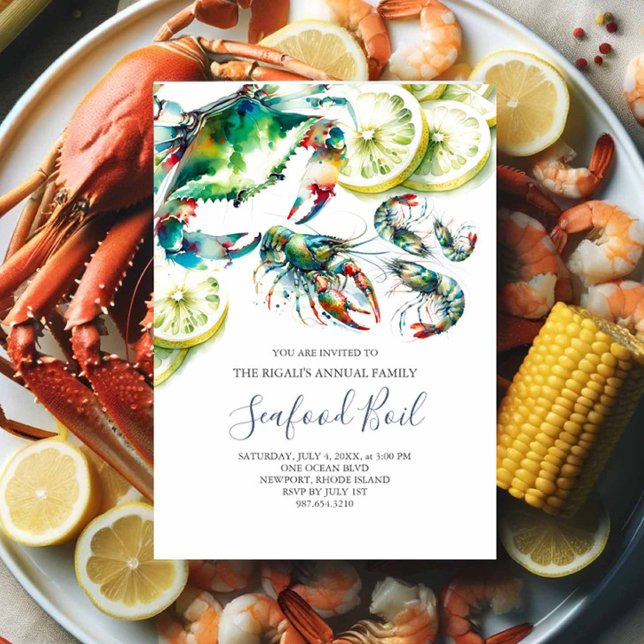 Convites de festas de Verão de marisco (Seafood boil invitations watercolor crab shrimp and crawfish with lemons slow country boil)