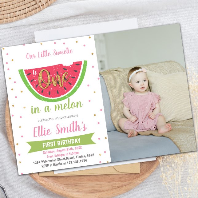 Convites de festas de Verão Personalizáveis para C (Half Watermelon Birthday Invitations with Photo)