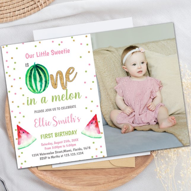 Convites de festas de Verão Personalizáveis para C (Glitter Watermelon Birthday Invitations with photo)