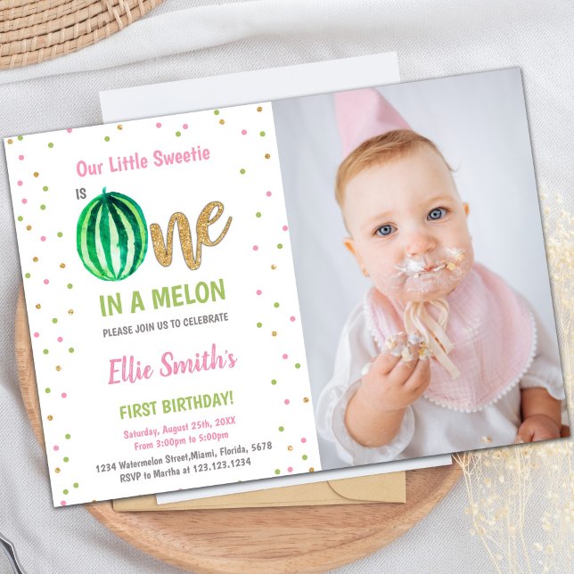 Convites de festas de Verão Personalizáveis para C (Green Watermelon Birthday Invitations w photo)