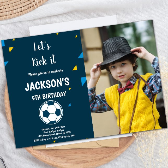 Convites de festas desportivos personalizáveis par (Blue Soccer Birthday Invitations Theme with photo)