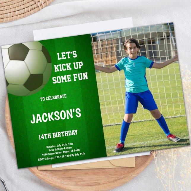 Convites de festas desportivos personalizáveis par (14th Soccer Birthday Invitations with photo)