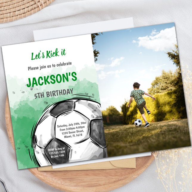Convites de festas desportivos personalizáveis par (Big Ball watercolor Soccer Birthday Invitations w)