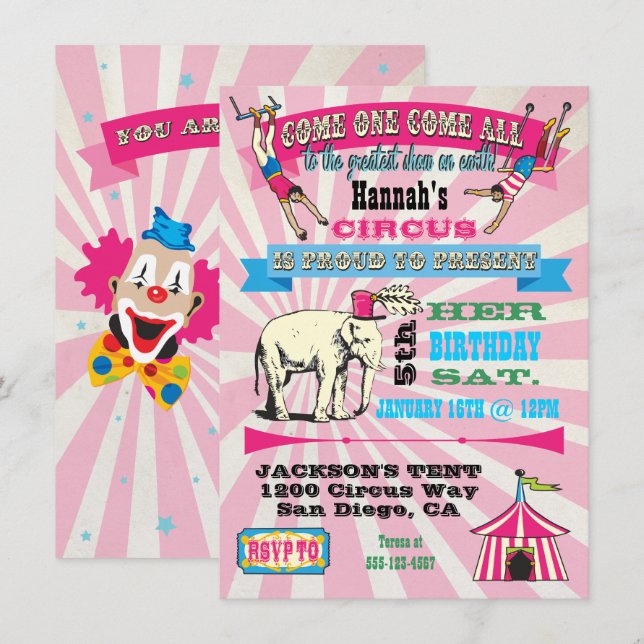 CONVITES DE FESTAS do estilo Poster do Circus GIrl (Frente/Verso)