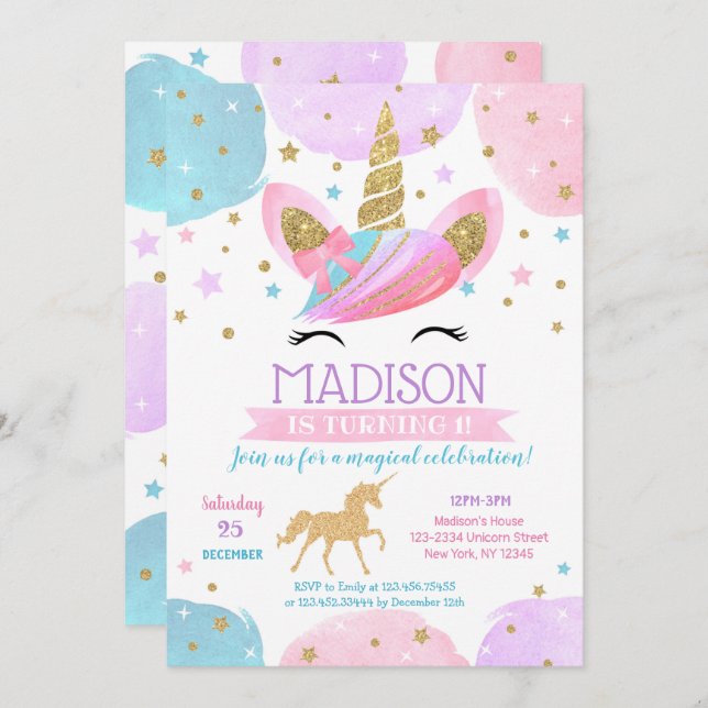 Convites de festas do primeiro aniversario Unicorn (Frente/Verso)