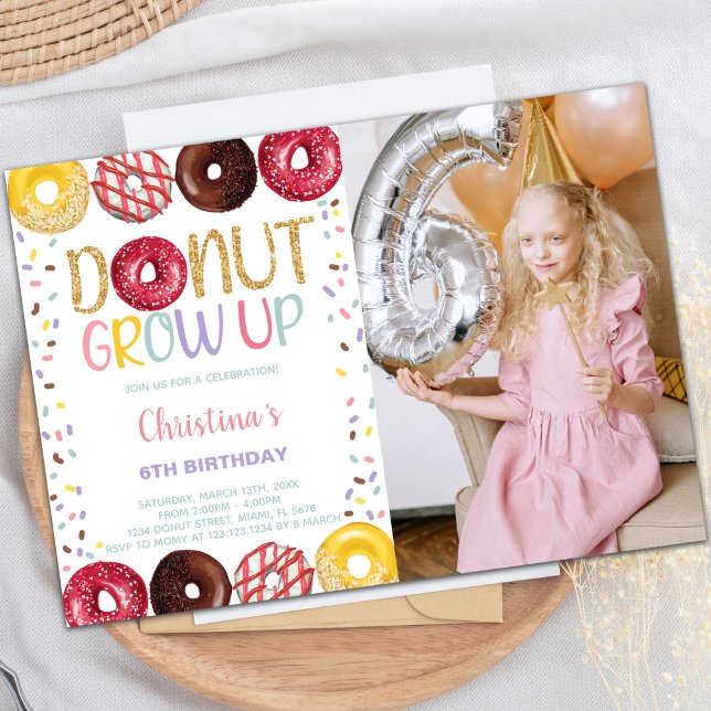 Convites de festas doces personalizáveis para cria (Yellow Donut Birthday Invitations w photo)