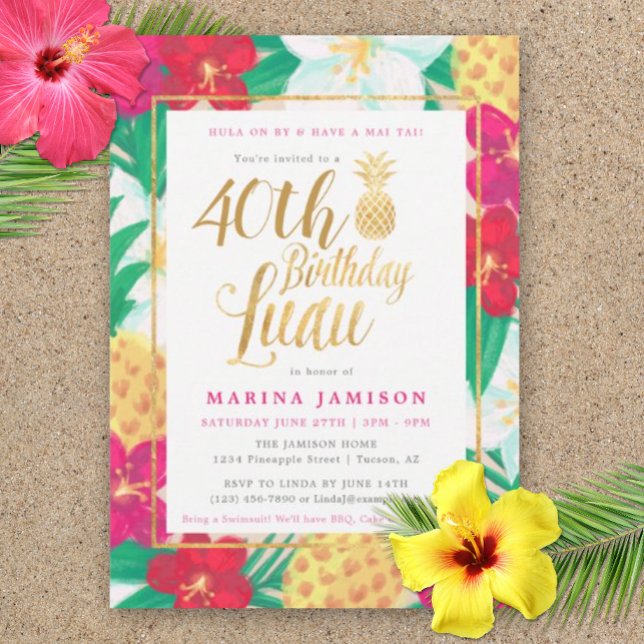Convites de festas Dourados de aniversário de Luau (40th Birthday Luau!  Tropical invitation sets the tone for a luscious luau party.)