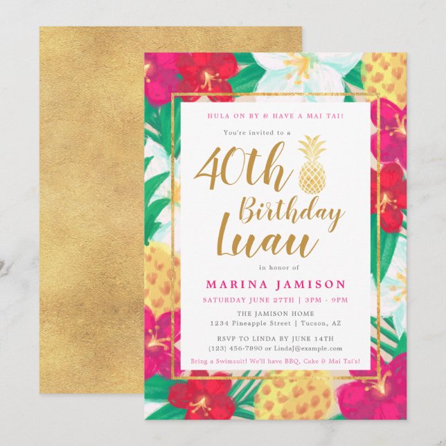 Convites de festas Dourados de Luau (Frente/Verso)