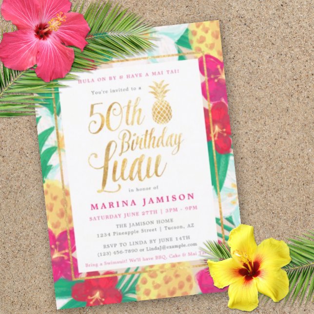 Convites de festas Dourados de Luau de 50º anivers (59th Birthday Luau Invitation)