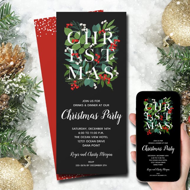Convites de festas Elegantes de NATAL Greenery (Elegant CHRISTMAS typography on greens and berries invitations - INSTANT DOWNLOAD and/or PRINTED)