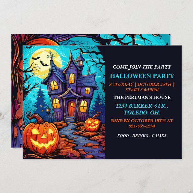 Convites de festas Felizes de Halloween da Casa As (Frente/Verso)