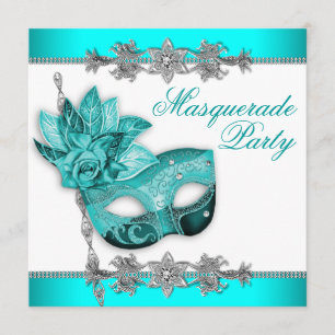 Convites de festas Mascarada azuis Turquoise Silve