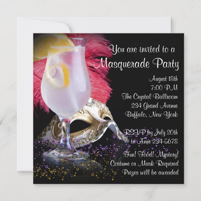 Convites de festas Mascarada preto-vermelho (Frente)