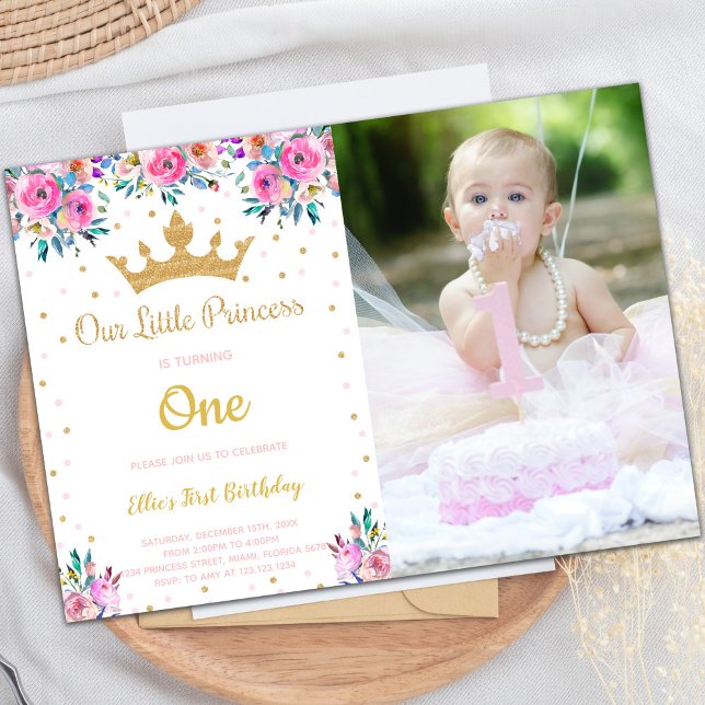 Convites de festas reais personalizáveis para cria (Photo Crown Glitter Princess Birthday Invitations)