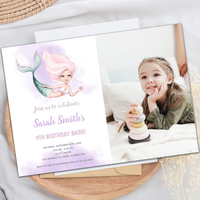 Convites de festas Sereias Personalizáveis para Cr (Blond Mermaid Birthday Invitations with photo)