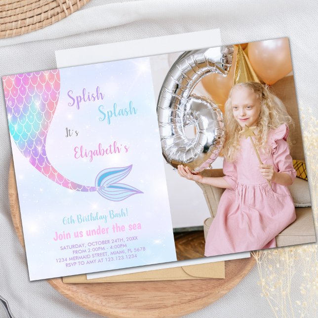 Convites de festas Sereias Personalizáveis para Cr (Splash Splish Mermaid Birthday Invitations w photo)