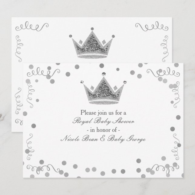 Convites de festas Silver Royal Crown & Confetti (Frente/Verso)