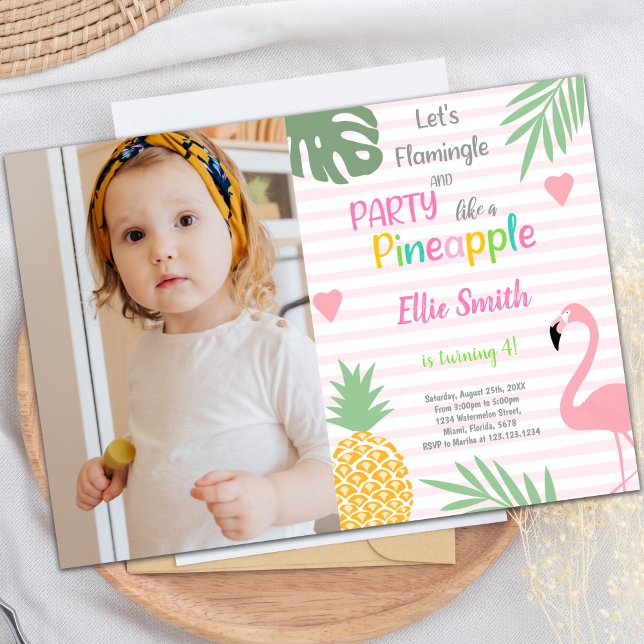 Convites de festas tropicais personalizáveis para  (Pink Flamingo Birthday Invitations with photo)
