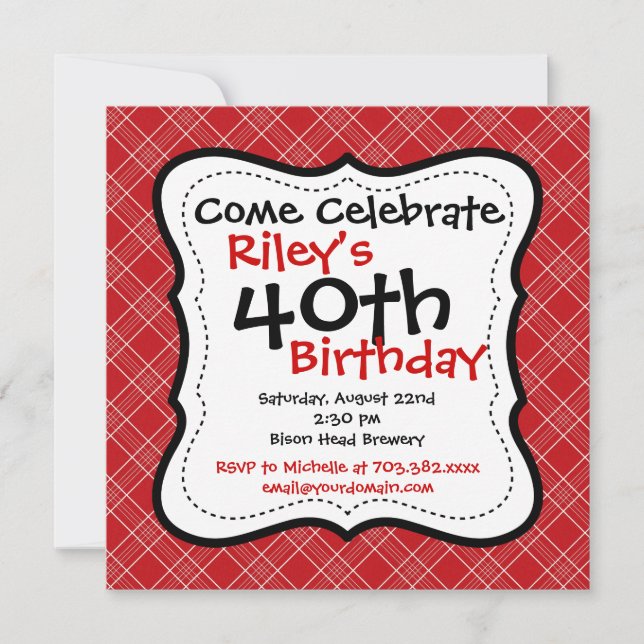 Convites de festas Xadrez preto-vermelho (Frente)