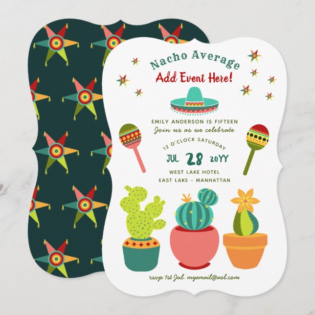 Convites de FIESTA Mexicana Moderna acima da MÉDIA (Frente/Verso)