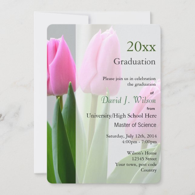 Convites de formatura com flores de tulipa rosa bo (Frente)