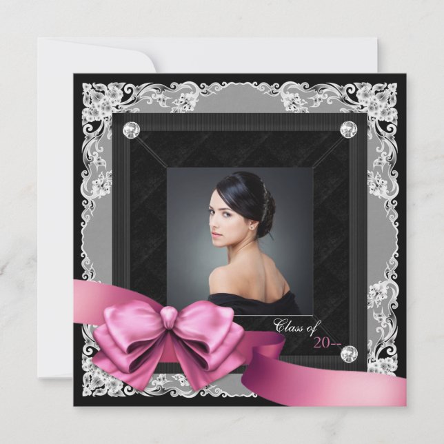 Convites de Formatura com Foto Rosa e Preto (Frente)