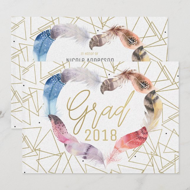 Convites de FORMATURA de Coração de Pena Boho Chic (Frente/Verso)