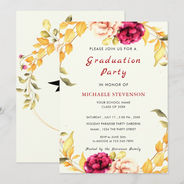 Convites de Formatura emoldurados florais Exemplo (Frente/Verso)