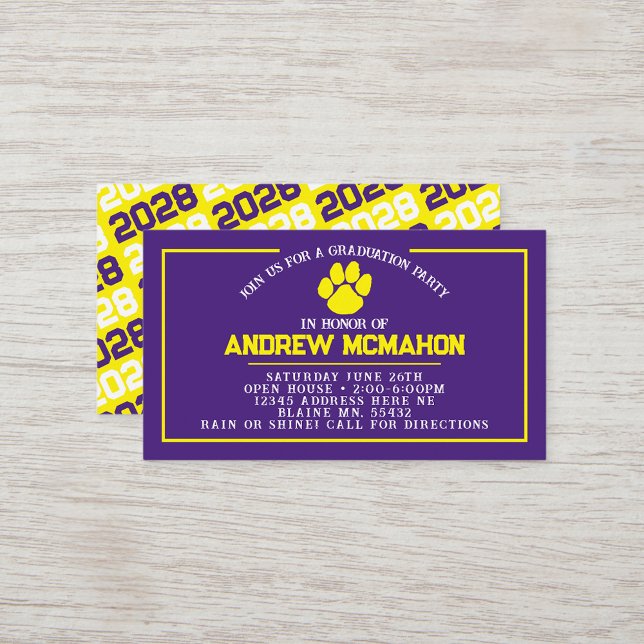 Convites de Formatura Mini com Pegada de Pata Roxo (Purple & Yellow Pawprint Mini Graduation Invites for Friends, Team Mates or as Inserts!)