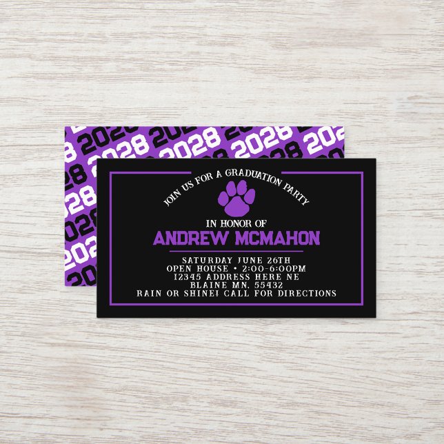Convites de Formatura Mini com Pegada Preta e Roxa (Black and Purple Pawprint Mini Graduation Invites for Friends, Team Mates or as Inserts!)