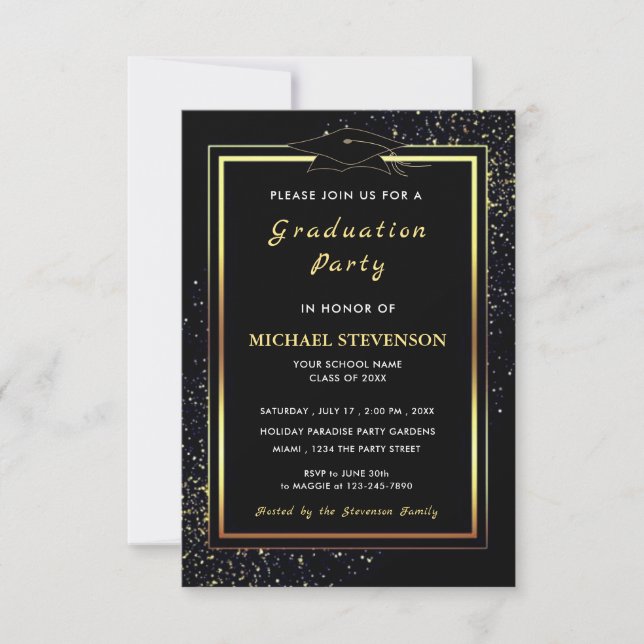 Convites de Formatura Preto Dourado com Código QR  (Frente)