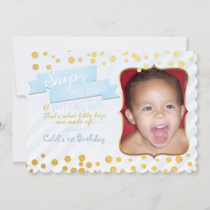 Convites de Foto de Aniversário Azul e Dourado Sni