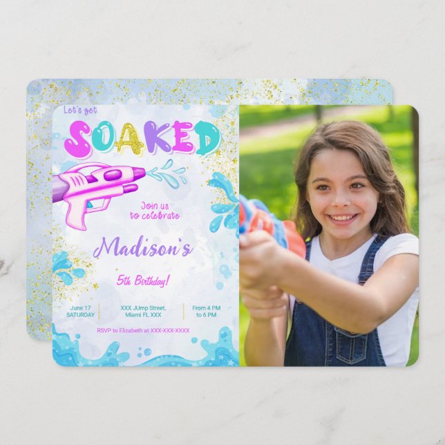 Convites de Foto de Aniversário com Arma de Água  (Frente/Verso)