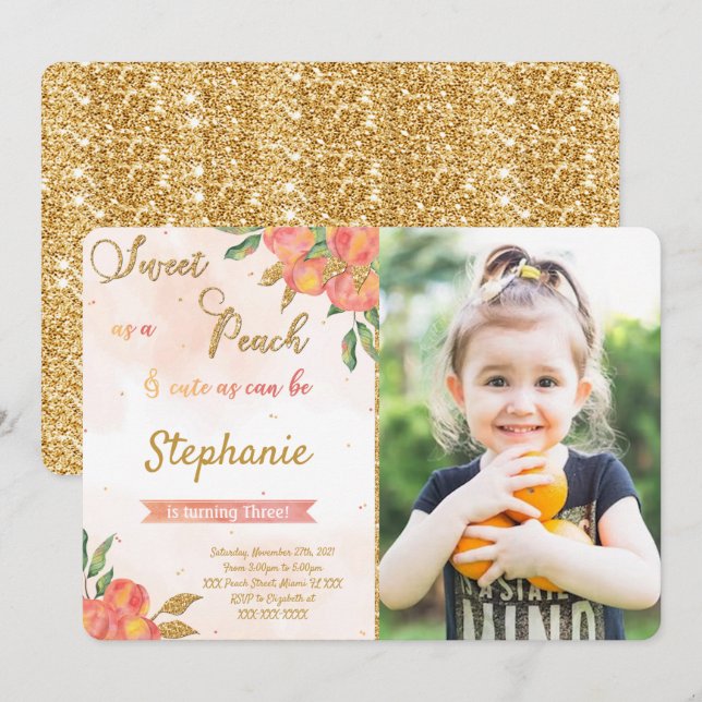 Convites de Foto de Aniversário com Pêssego (Frente/Verso)