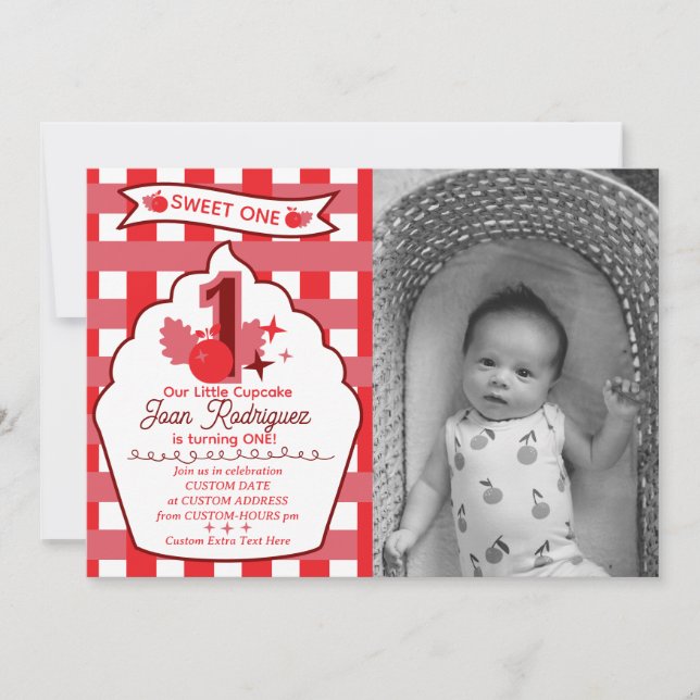 Convites de Foto Gingham para o Primeiro Aniversár (Frente)