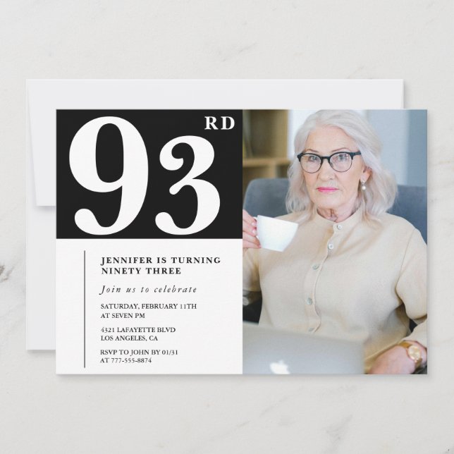 Convites de Foto Preto e Branco para 93º Aniversár (Frente)