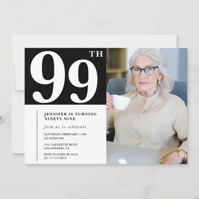 Convites de Foto Preto e Branco para 99º Aniversár (Frente)