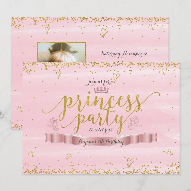 Convites de Foto Rosa e Dourado Festa de Princesa (Frente/Verso)