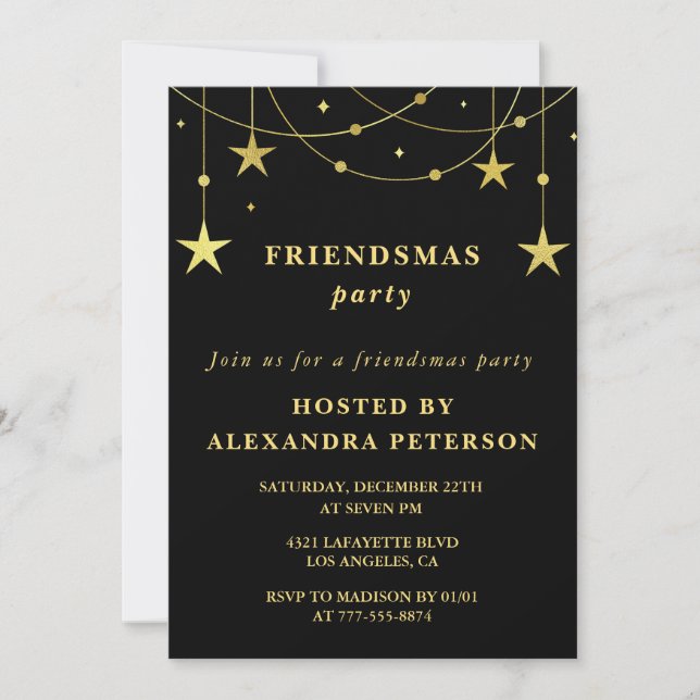Convites de Friendsmas preto Festa Estrelas Dourad (Frente)