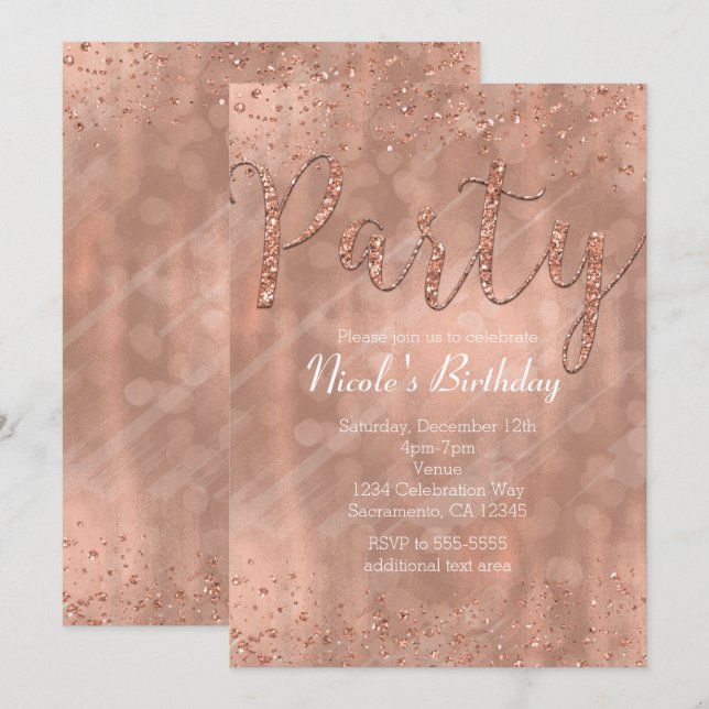 Convites de Glamour Rosa Dourado para Festa de Ani (Frente/Verso)