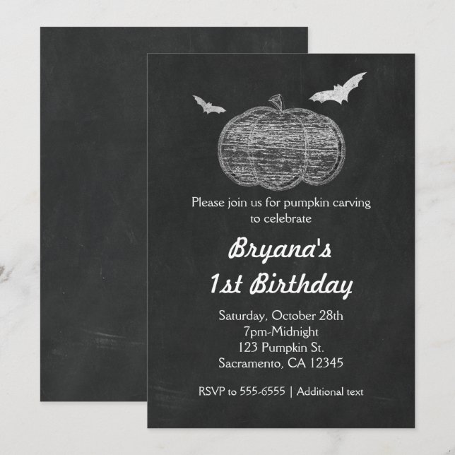 Convites de Halloween com Quadro Negro e Abóbora d (Frente/Verso)