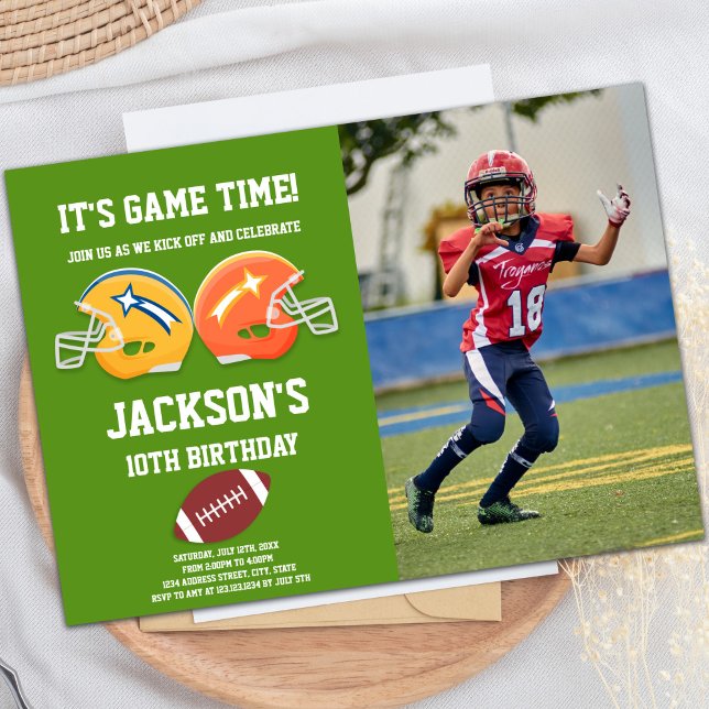 Convites de Hoje de Futebol Verde com foto (Green Football Birthday Invitations with photo)