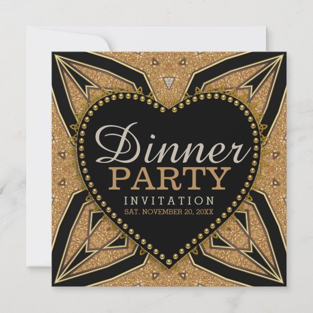 Convites de jantar art déco dourados de amor (Frente)