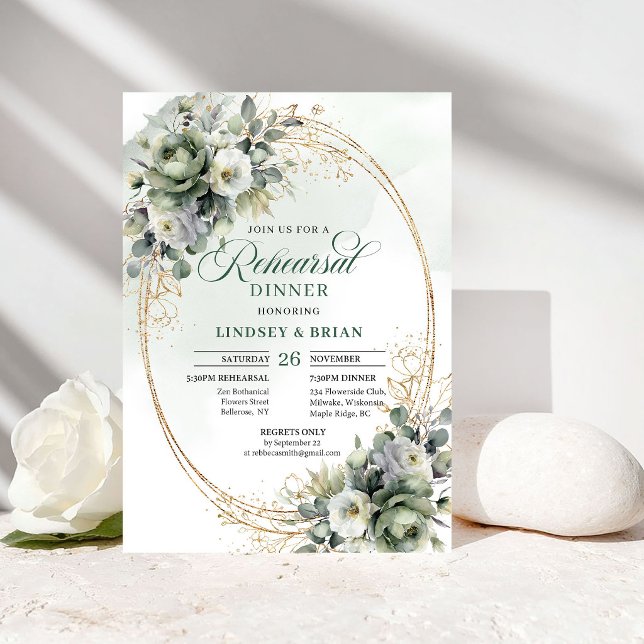 Convites de Jantar de Ensaios Botânico Verde Doura (Botanical Greenery Gold Rehearsal Dinner Invitation)