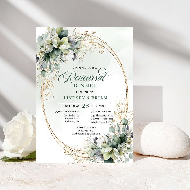 Convites de Jantar de Ensaios Botânicos Greenery G (Greenery Gold Botanical Rehearsal Dinner Invitation)