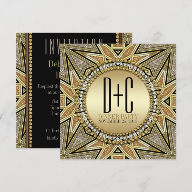 Convites de jantar dourados cintilantes no estilo  (Frente/Verso)