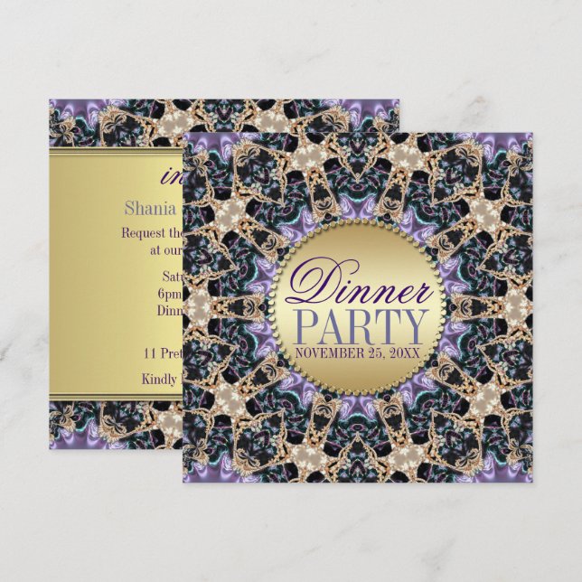 Convites de jantar requintados Roxo Dourado (Frente/Verso)