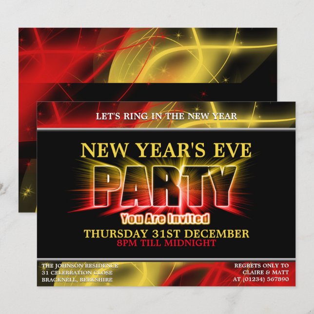 Convites de Luz Explosiva para Festa de Ano Novo (Frente/Verso)